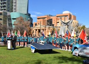 BWSC19 Event launch - Event Director Chris Selwood, St Francis Primary School & 'finish line' fountain Victoria Square Adelaide